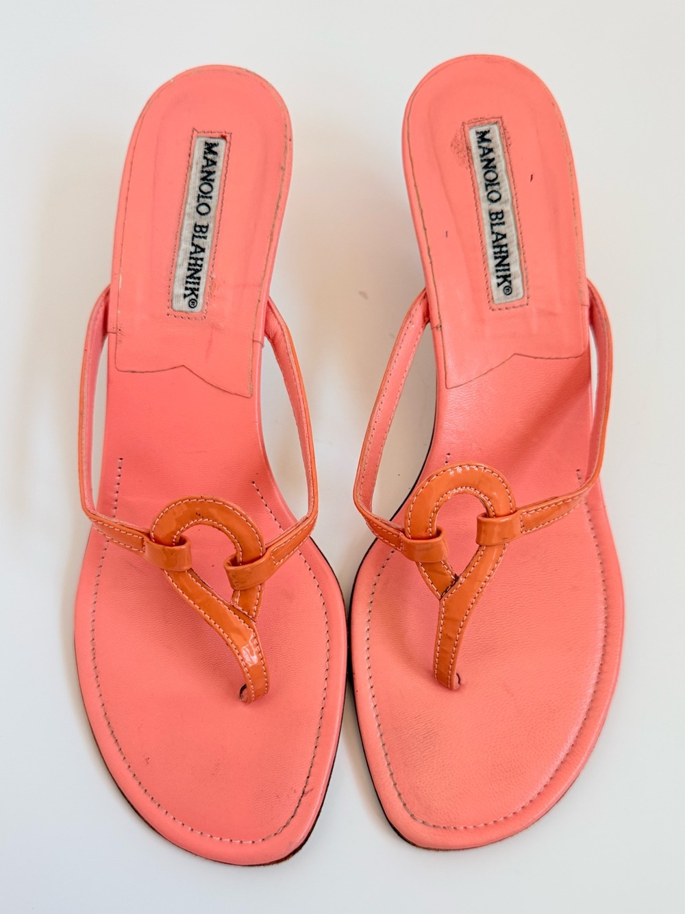 Manolo Blahnik Coral Pink Orange Thong Mule Sandals Heels EU 37.5 Italy Vintage - Picture 2 of 10